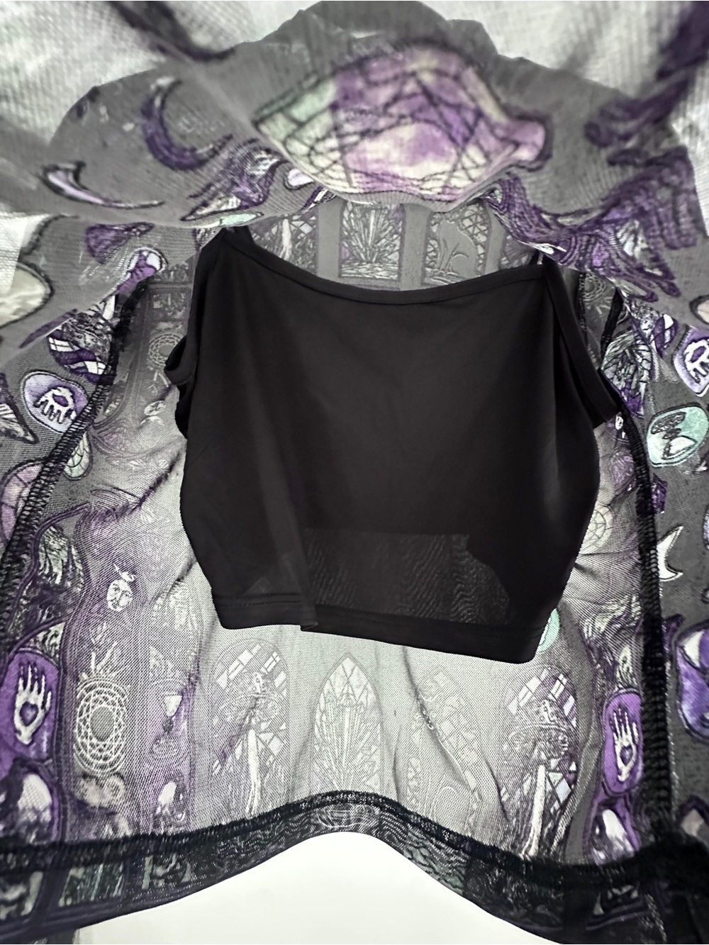 Hot Topic Black Sheer Mesh Long-Sleeve Top with Purple & Mint Mystical Print - Picture 3 of 6